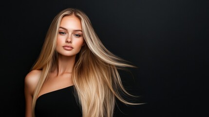 Naklejka premium Golden Locks: A captivating portrait of a woman, her long, flowing, sun-kissed hair cascading around her, her gaze is filled with quiet confidence. 