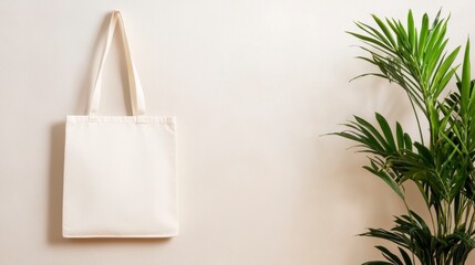 Eco-Friendly Essentials: A blank canvas tote bag hangs gracefully on a wall beside lush green foliage, symbolizing eco-conscious living and sustainability