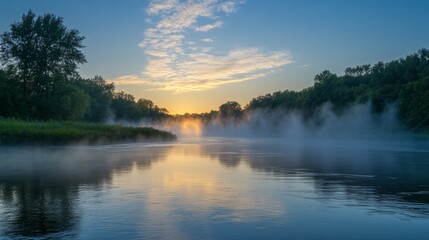 Fototapeta premium Daybreak mist over a tranquil river with trees and reflective sky 
