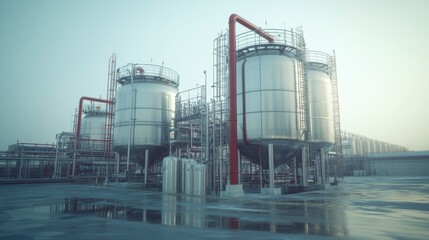 Obraz premium Industrial Complex at Dawn: A sprawling industrial complex, with its towering silos, intricate pipelines, and metallic structures, stands under a soft, misty sky.