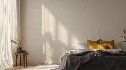 Generative AI, Minimalist Bedroom with Charcoal Gray Bedding and Mustard Yellow Accent Pillow