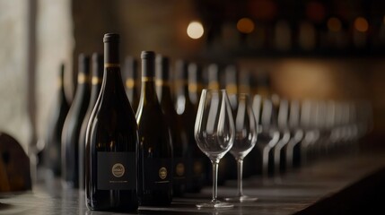 A row of wine bottles in focus, soft background blur; elegance and craftsmanship in every detail.
