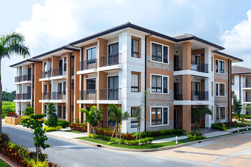 Fototapeta premium Modern residential apartment complex with luxury design, contemporary multi-family housing with balconies, landscaped surroundings, premium real estate, and upscale living community