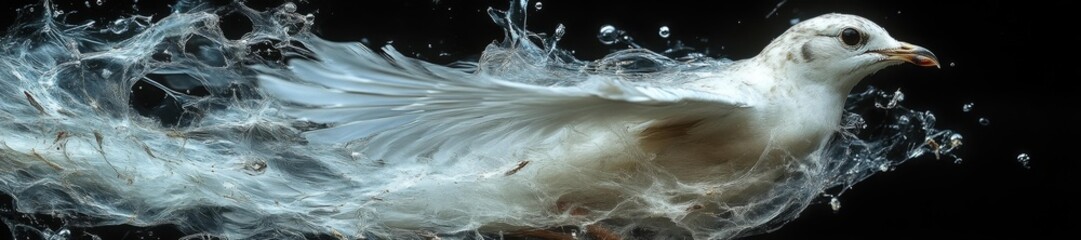 Naklejka premium Close-up of a bird struggling to escape from a plastic net in the water wings tangled in plastic waste. Generative AI
