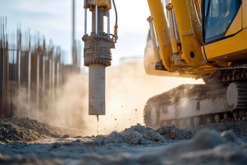 Construction Excavation: Capturing the raw power of a construction excavator drilling into the earth, creating a foundation for progress under a bright sky.