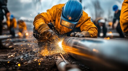 Welder at Work: Capturing the intensity and skill of a welder, sparking and fusing metal in a dynamic industrial setting.