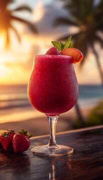 frozen sangria daquiri cocktail with mixed fruit in a chilled glass