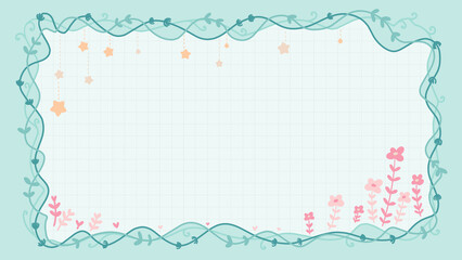 Cute pastel color cartoon frame, vines, leaves, flowers, stars, hand drawn, cute, illustration