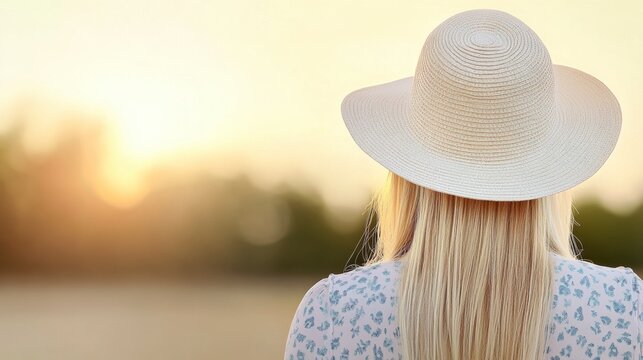 Golden Hour Serenity: Back view of a woman in a sun hat, gazing towards a blurred sunset, radiating a sense of peace, freedom, and appreciation of nature. - Powered by Adobe