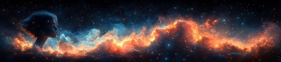Fototapeta premium A cosmic image with a woman's profile surrounded by fire and starry energy. Generative AI