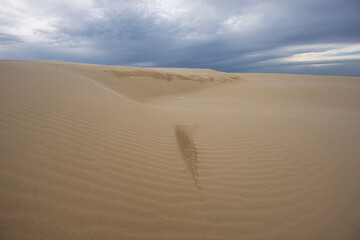 Ripple sand dune pattern with cloudy sky.