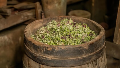 Green and Purple Herbs in Rustic Wooden Barrel