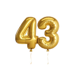 Shiny Gold Number 43 Balloon, Celebratory Foil Balloon Decoration. isolated on transparent background Helium balloons font