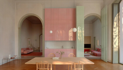 award-winning architecture magazine, photo taken from the perspective of the dining table, with a front view, open-plan kitchen, living room in the background, the design emphasizes natural lighting a