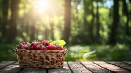 Forest Harvest: A rustic basket overflows with fresh, juicy strawberries, basking in the dappled sunlight of a serene forest glade, evoking the simple pleasures of nature's bounty.
