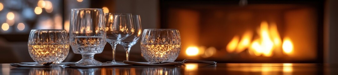 Naklejka premium Vintage Cocktail Glasses with Fireplace and Holiday Lights in Background. Generative AI