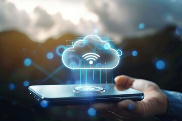 Cloud Computing: A hand holding a smartphone with a glowing cloud graphic, depicting wireless data transfer, symbolizing the seamless integration of technology in the digital world. 