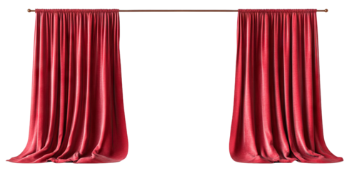 Vintage red curtains hanging on a rod, isolated on transparent cutout background