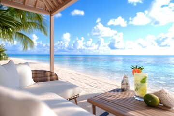 Obraz premium Relaxing cocktail at a beach resort cabana with ocean view for travel ads
