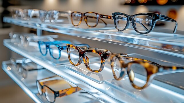 Spectacle Showcase: A meticulously arranged display of elegant spectacles and eyewear frames, illuminated to showcase the diverse designs and styles for the customer's selection.