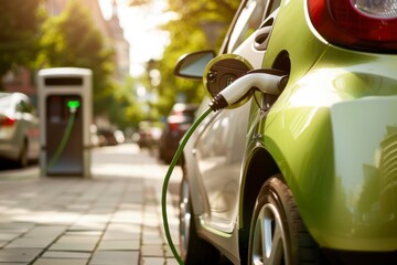 Electric Car Charging: An electric car is plugged into a charging station on a city street, showcasing the transition to sustainable transportation and a commitment to reducing carbon footprint.