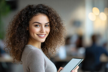 A young woman with curly hair smiles while holding a tablet in a modern office setting, with blurred colleagues working in the background
