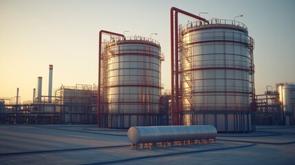 Obraz premium Industrial Tanks at Sunset: A scenic view showcasing industrial storage tanks, pipelines, and a refinery under the warm glow of the setting sun, symbolizing energy, infrastructure and progress.