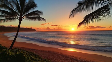 Fototapeta premium Sunset Beach: Capture the breathtaking beauty of a tropical paradise as the sun dips below the horizon, painting the sky in hues of gold and orange, palm trees swaying in the gentle breeze.