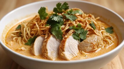 Delicious bowl of creamy chicken ramen topped with crispy onions and fresh cilantro on a wooden table