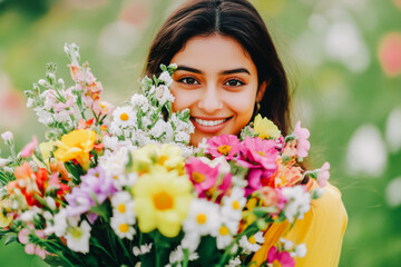 Naklejka premium Portrait of a beautiful smiling Indian girl with a bouquet of spring flowers
