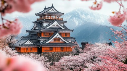 Japanese castle amidst cherry blossoms