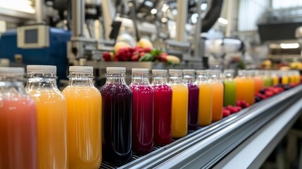 Juice bottles moving on conveyor belt in a factory, fruit background, food use