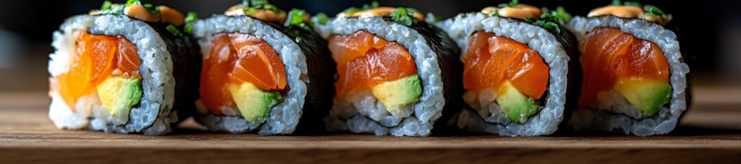 Close-up of sushi rolls with salmon avocado and rice on a wooden surface. Generative AI