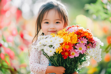 Fototapeta premium Portrait of a beautiful smiling Chinese girl kid with a bouquet of spring flowers