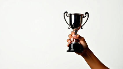 A Hand Triumphantly Holds A Gleaming Silver Trophy Signifying Hard Work And Victory Against A Clean White Backdrop