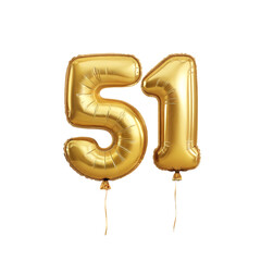 Shiny Gold Number 51 Balloon, Celebratory Foil Balloon Decoration. isolated on transparent background Helium balloons font