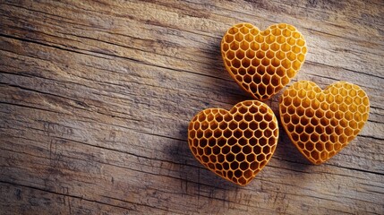 Three honeycombs beautifully arranged on a rustic wooden surface showcasing nature's craft