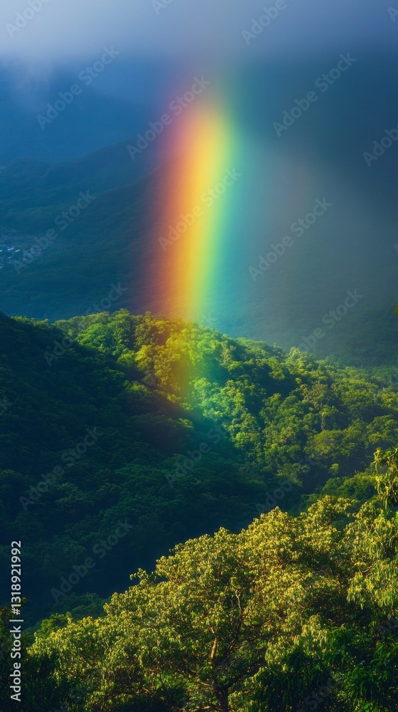 Poster rain yields to sunlight, casting a radiant rainbow over the lush mountains, illuminating the greener