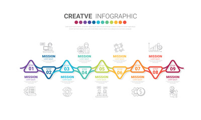 Naklejka premium Infographic design template with 9 options, Can be used for process diagram, presentations, workflow layout, banner, flow chart, info graph.