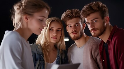 Fototapeta premium Group of Young Adults Engaged in Tech Discussion with Focused Expressions in a Dimly Lit Studio Setting