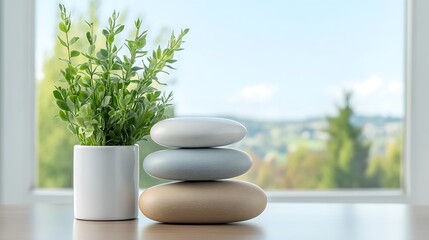 Tranquil Indoor Scene with Potted Plant and Stacked Decorative Stones by Window Overlooking Nature