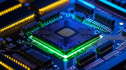 Close up of a computer chip , glowing chip with neon lights, Advance and futuristic view of computer processer