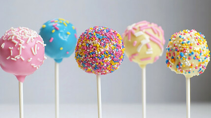Colorful assorted cake pops with sprinkles and decorative icing
