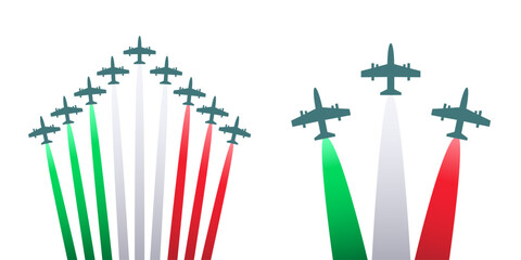Airplanes in Frecce Tricolori or air show with smoke of Italy flag colors isolated on white. Green, white and red colors, minimalist flat design. Vector clipart, Republic Day or Liberation Day symbol.