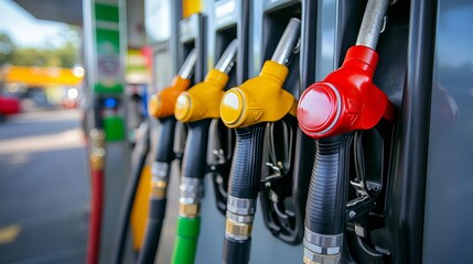 Background image featuring a variety of fuel dispensers at a service station