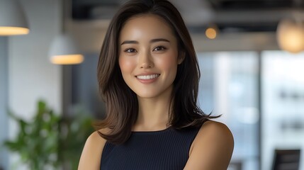 Young Professional Woman with Long Hair Smiling in Modern Office Environment