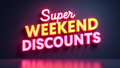 Obraz premium Bold and colorful price drop announcement, 3D glowing text, Super Weekend Discounts!, copy space