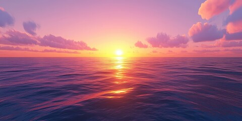 Obraz premium Sunset over the ocean reveals deep blue-purple waters with the sun casting a vibrant orange-yellow glow, partially hidden yet illuminating the horizon