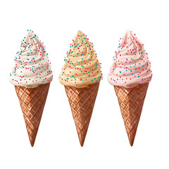 Set of ice cream cones with sprinkles, isolated on a transparent background
