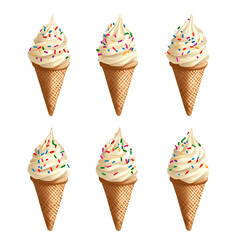 Set of ice cream cones with sprinkles, isolated on a transparent background